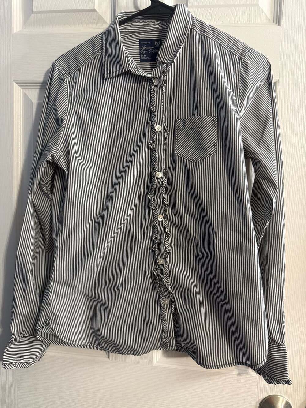 American Eagle Women's Black and White Striped Ruffle Button Up Long Sleeve Shir